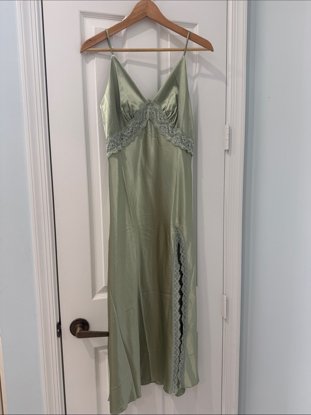 SHEIN Sage Green Satin Lace-Trim Midi Slip Dress